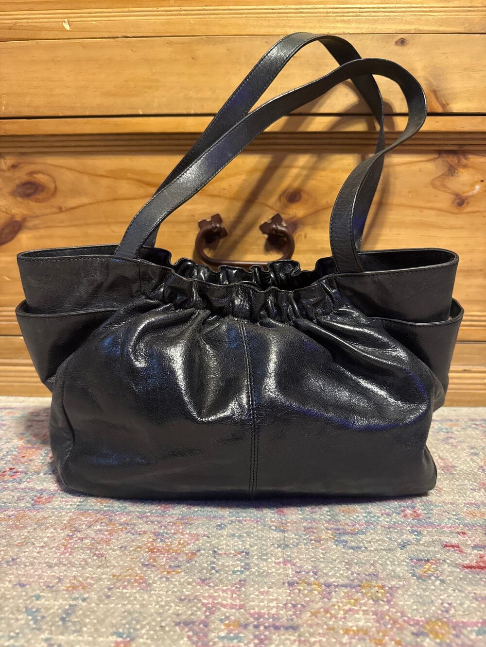 Hobo International glazed black leather pinch pleated shoulder bag